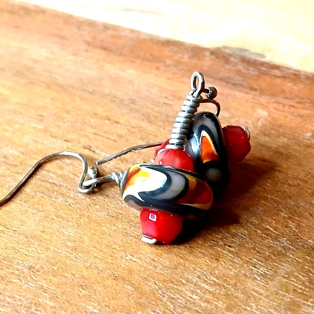 Glass Beaded Boho Dangle Earrings, Red Silver, Artisan